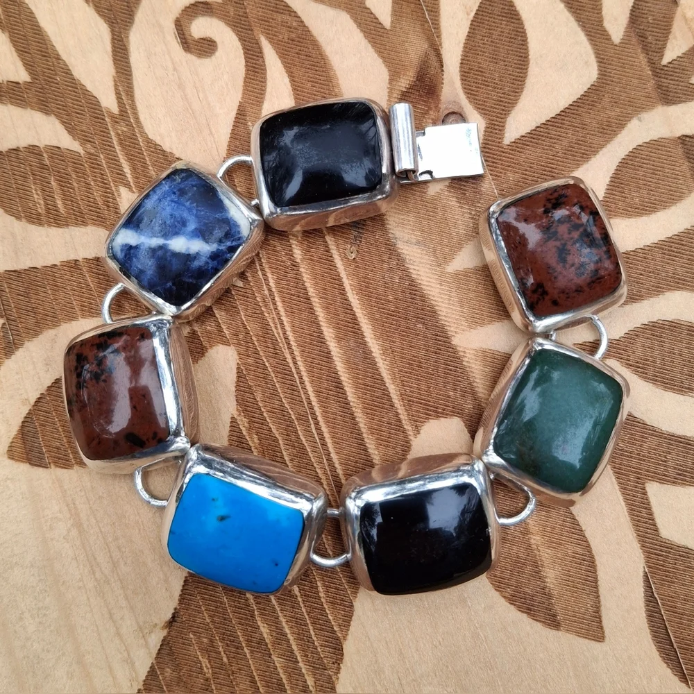 VTG Taxco Mexico Sterling Silver Multi-Gemstone Link Bracelet Turquoise T2-17